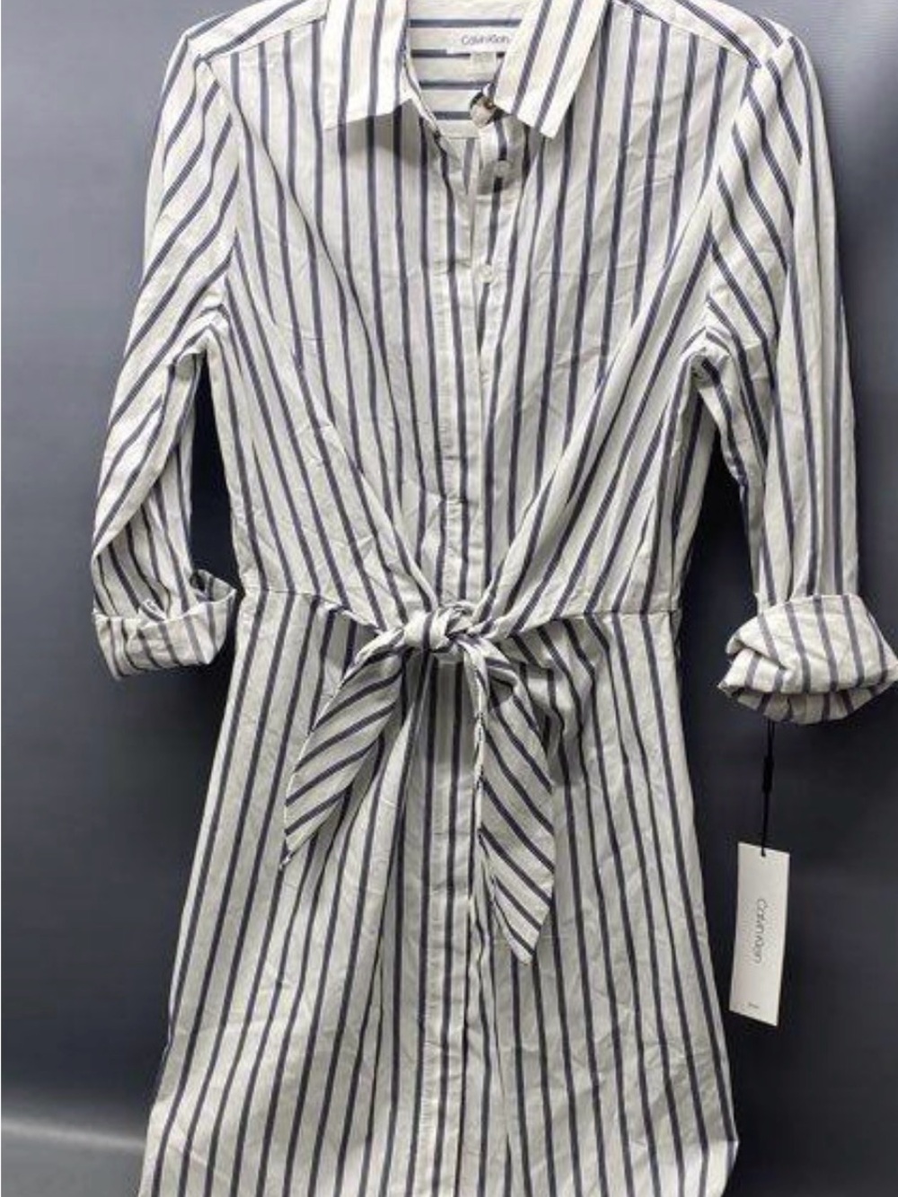 Calvin Klein White and Navy Vertical-Stripe Tie-Front Shirt Dress